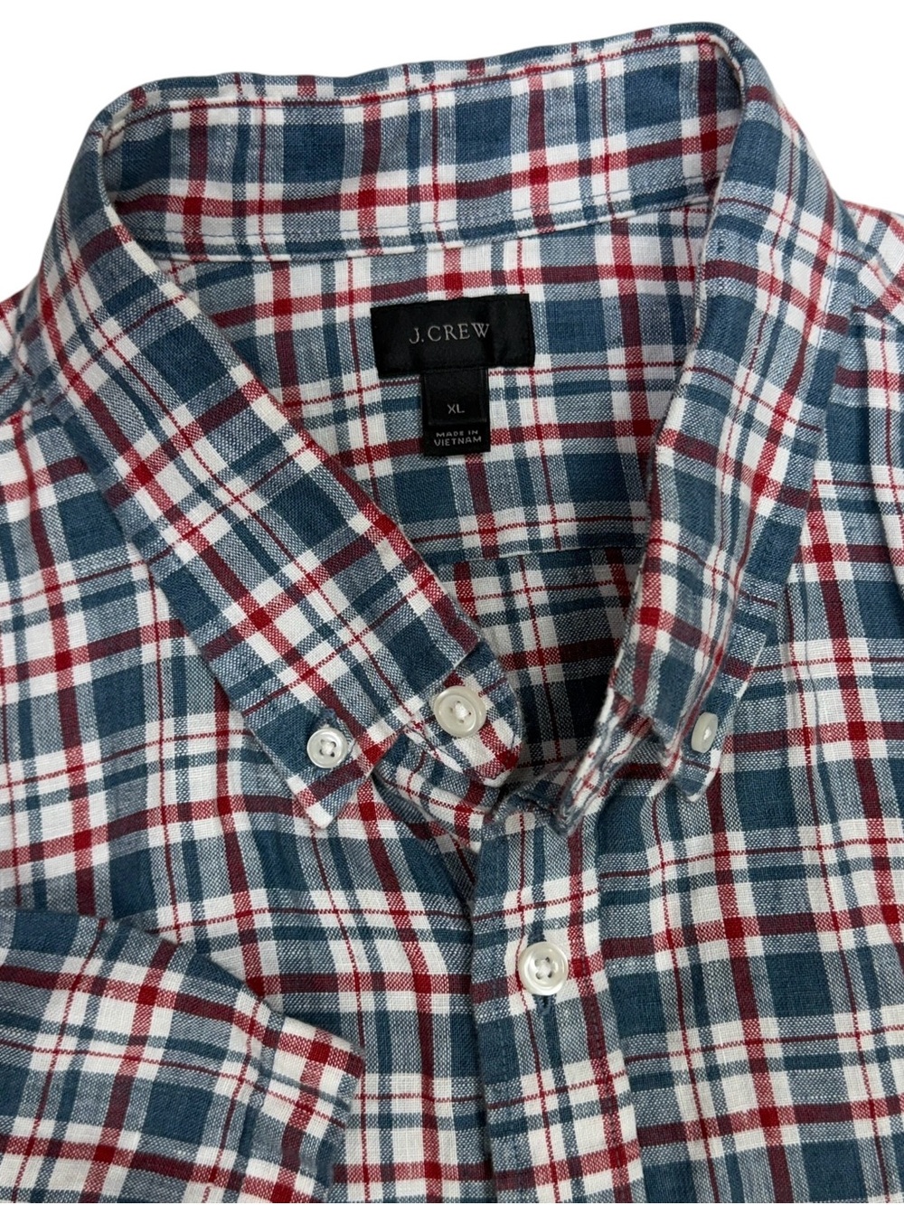 J Crew Baird McNutt Irish Linen Shirt Mens XL Blue Red Plaid Short Sleeve Button
